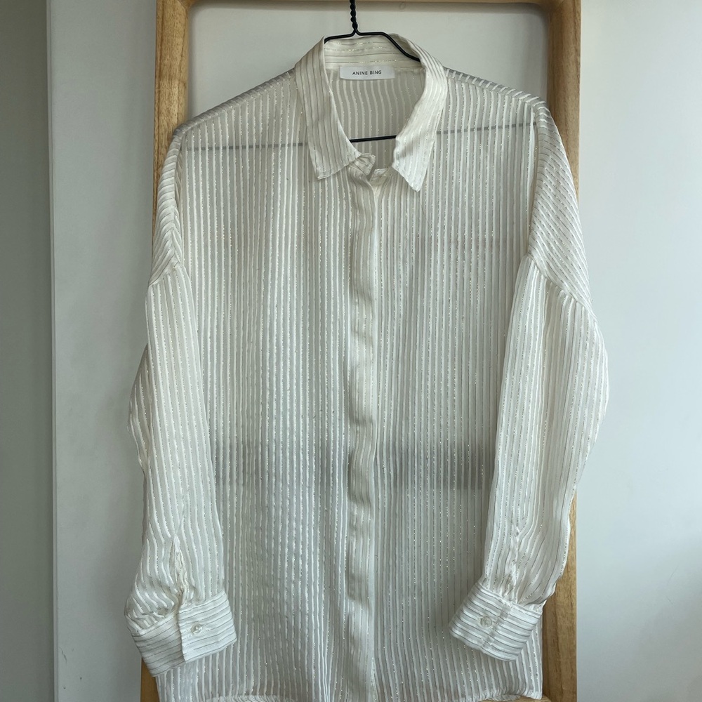 Anine Bing Cream Striped Metallic Button Down Sheer Shirt